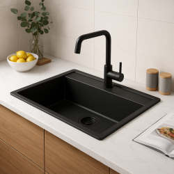 GraniteMy Bremen évier en granit 64x52 cm noir à poser, à encastrer et à fleur avec trou de robinet 1208953874